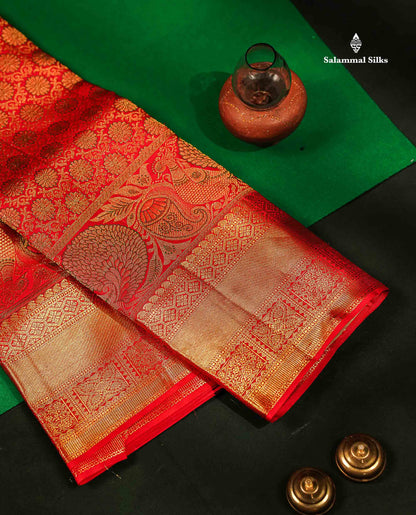 Beautiful Chilly Red Menakari Work Bridal Pure Kanjivaram Silk Saree With Traditional Border
