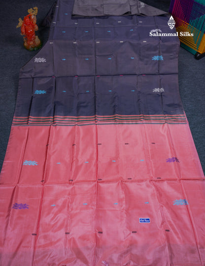 Navy Blue Thread work Buttas Banana Pinth Saree (Vaazhainaar Pattu) With Contrast Dark Peach Blouse