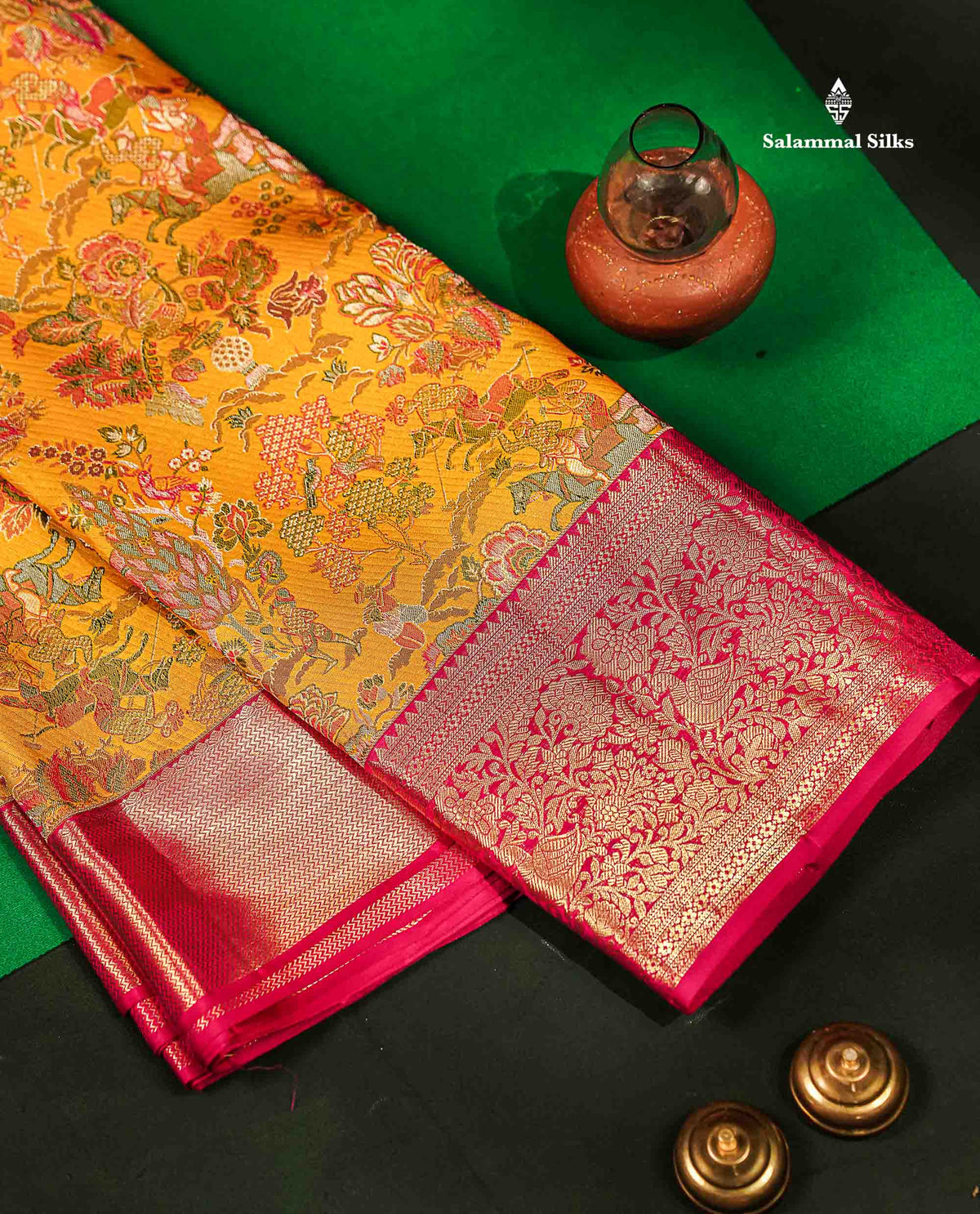 Beautiful Mustard Yellow Menakari Work Theme Based Bridal Pure Kanjivaram Silk Saree With Contrast Pink Traditional Border
