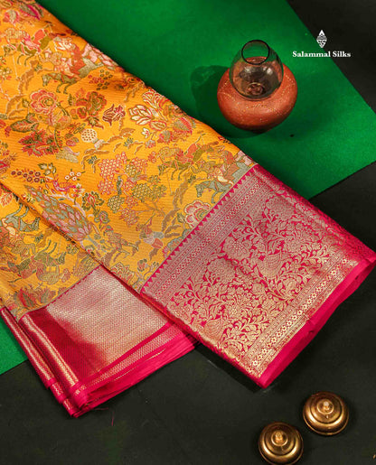 Beautiful Mustard Yellow Menakari Work Theme Based Bridal Pure Kanjivaram Silk Saree With Contrast Pink Traditional Border