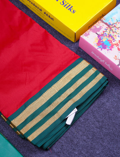 9.5 Yards Semi Silk Saree Maroon with Contrast Bottle Green Traditional Border