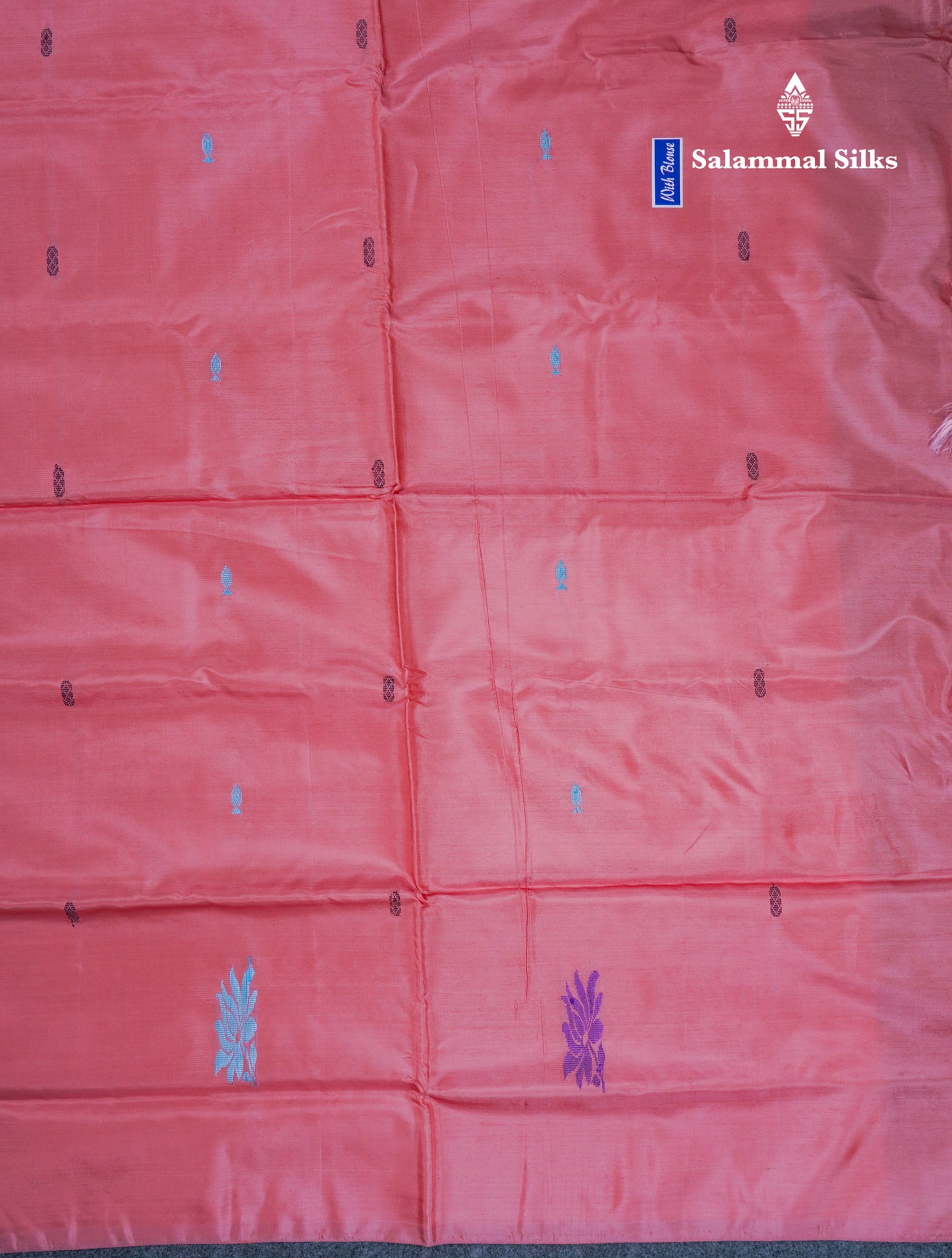 Navy Blue Thread work Buttas Banana Pinth Saree (Vaazhainaar Pattu) With Contrast Dark Peach Blouse