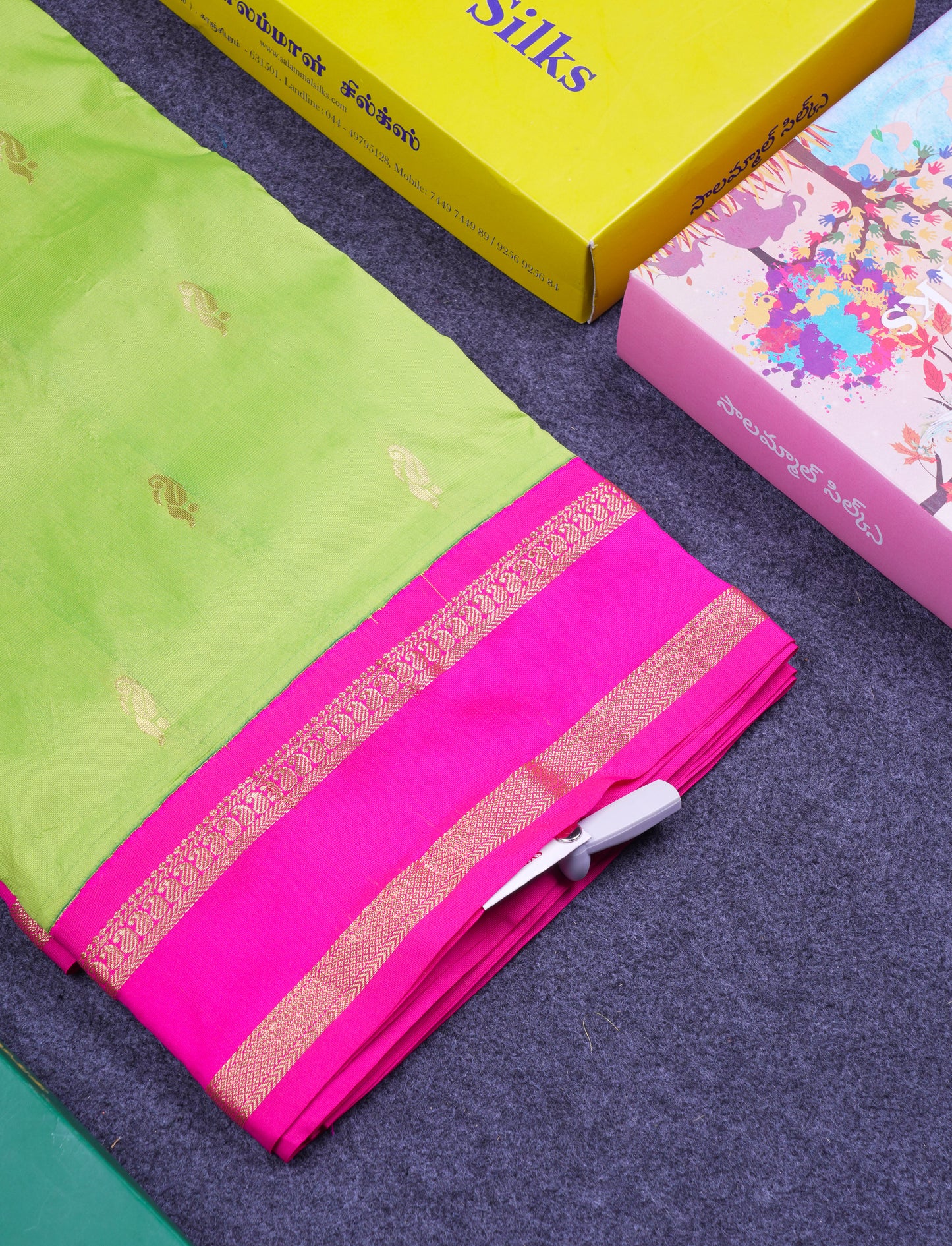 9.5 Yards Semi Silk Saree Parrot Green with Contrast Pink Traditional Rettapet Border
