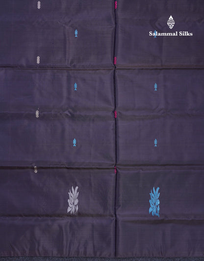 Navy Blue Thread work Buttas Banana Pinth Saree (Vaazhainaar Pattu) With Contrast Dark Peach Blouse