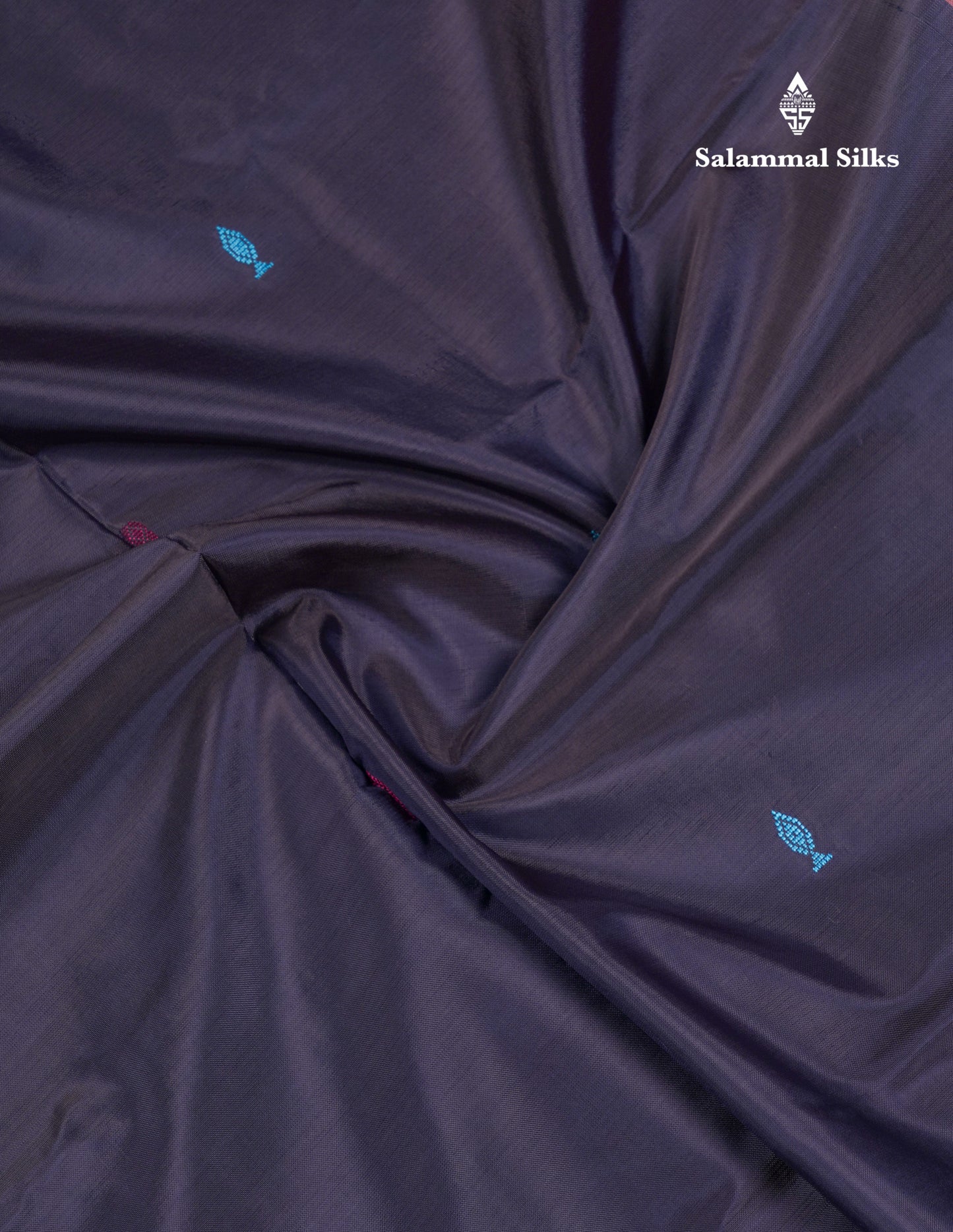 Navy Blue Thread work Buttas Banana Pinth Saree (Vaazhainaar Pattu) With Contrast Dark Peach Blouse