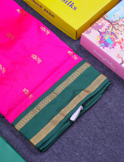 9.5 Yards Semi Silk Saree Pink with Contrast Bottle Green Traditional Rettapet Border