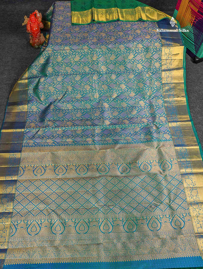 Bridal Pure Kanjivaram Silk Saree - Dual Tone Peacock Blue Colour Body With Traditional Border 
