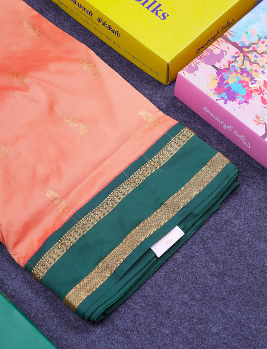 9.5 Yards Semi Silk Saree Light Orange with Contrast Bottle Green Traditional Rettapet Border