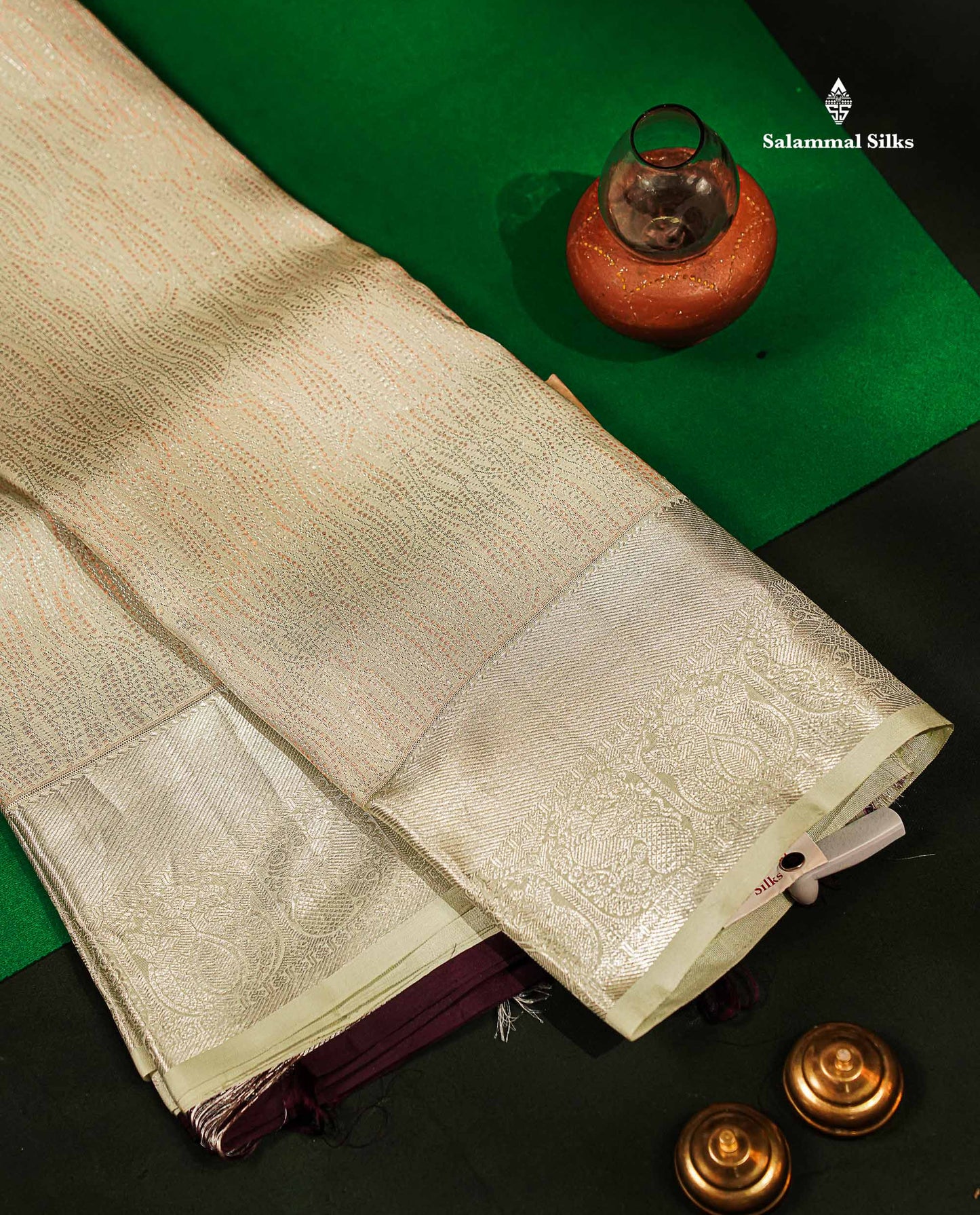 Beautiful Cream Green Fancy Bridal Pure Kanjivaram Silk Saree With Contrast Dark Brown Blouse