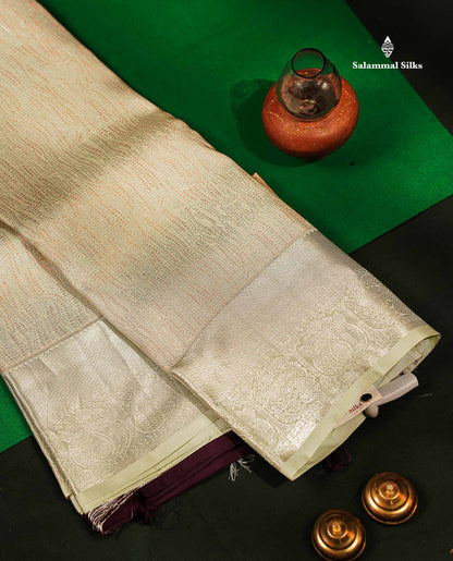Beautiful Cream Green Fancy Bridal Pure Kanjivaram Silk Saree With Contrast Dark Brown Blouse