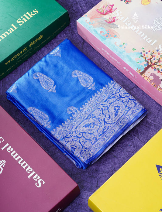 Beautiful Royal Blue Russian Silk Saree With Fancy Self Border