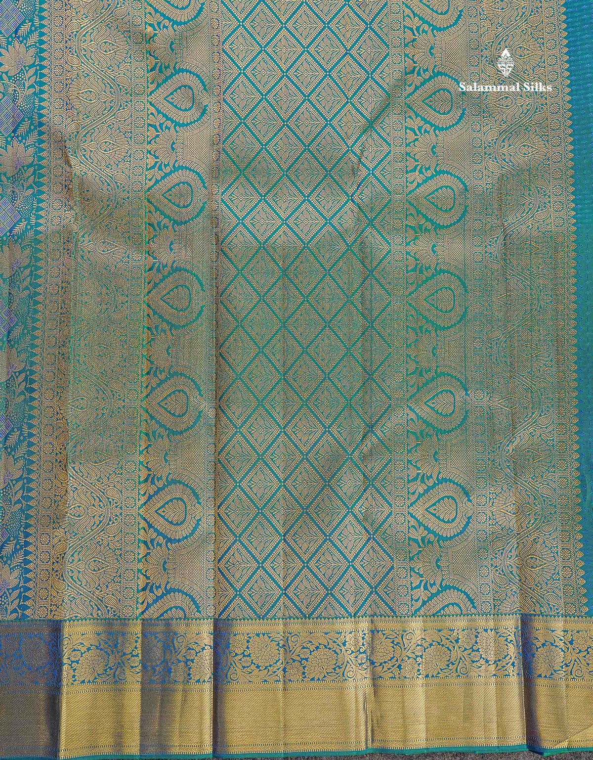 Bridal Pure Kanjivaram Silk Saree - Dual Tone Peacock Blue Colour Body With Traditional Border