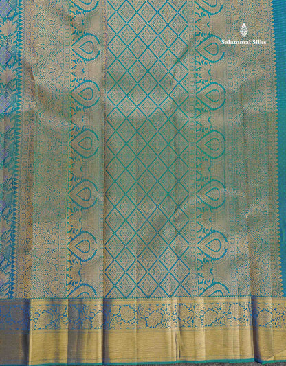 Bridal Pure Kanjivaram Silk Saree - Dual Tone Peacock Blue Colour Body With Traditional Border