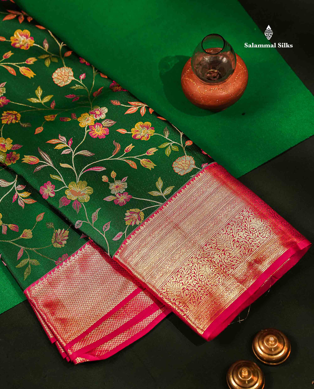 Beautiful Bottle Green Bridal Pure Kanjivaram Silk Saree With Contrast Pink Traditional Border