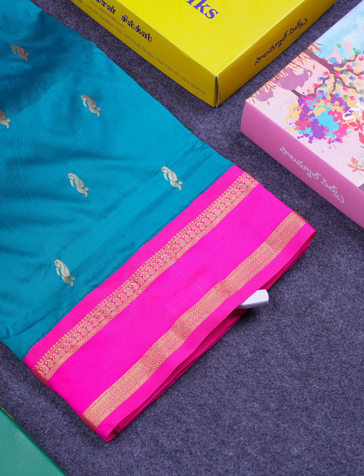 9.5 Yards Semi Silk Saree Peacock Blue with Contrast Pink Traditional Rettapet Border