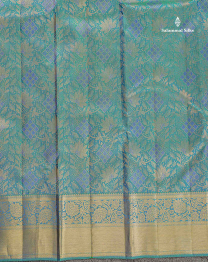 Bridal Pure Kanjivaram Silk Saree - Dual Tone Peacock Blue Colour Body With Traditional Border