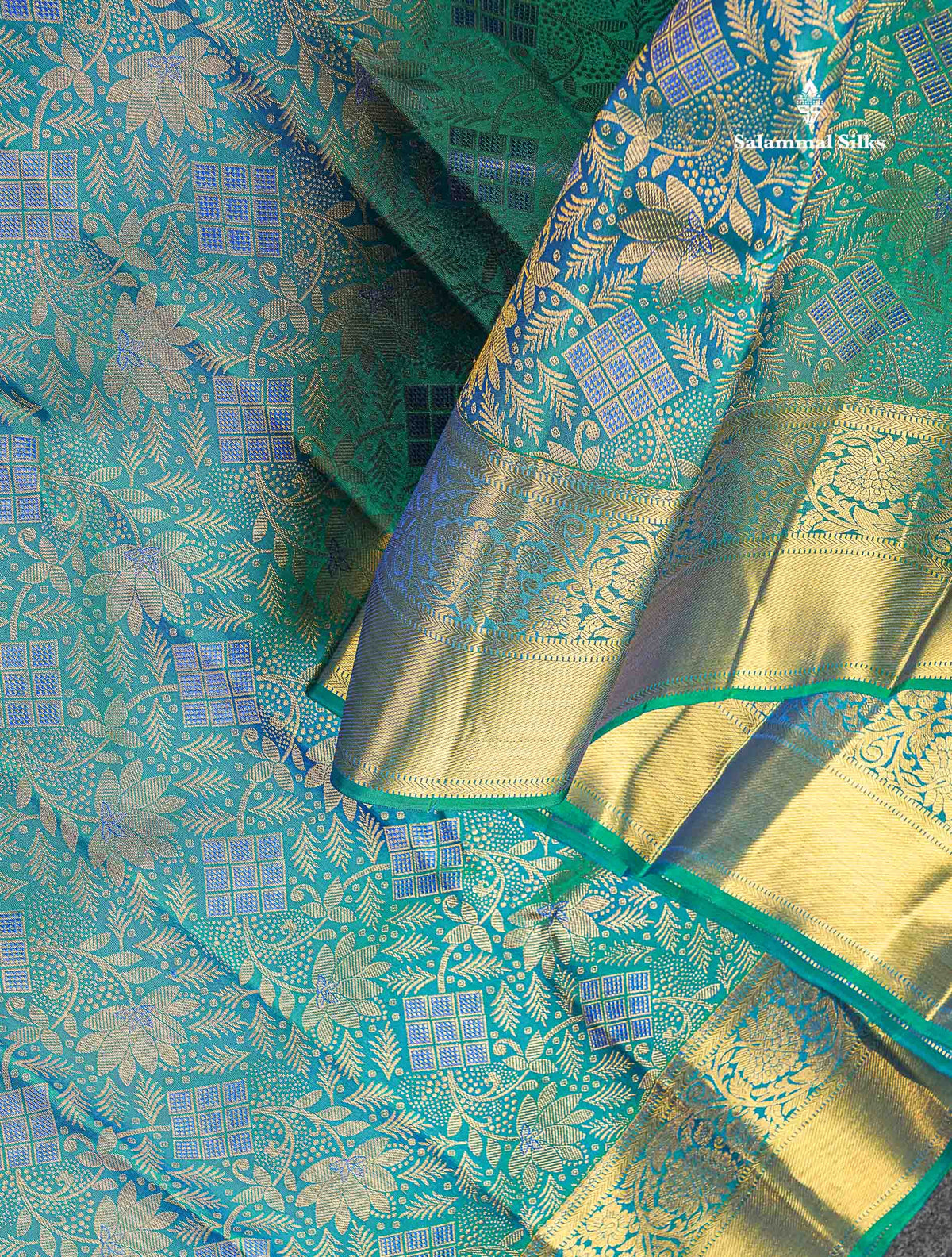Bridal Pure Kanjivaram Silk Saree - Dual Tone Peacock Blue Colour Body With Traditional Border