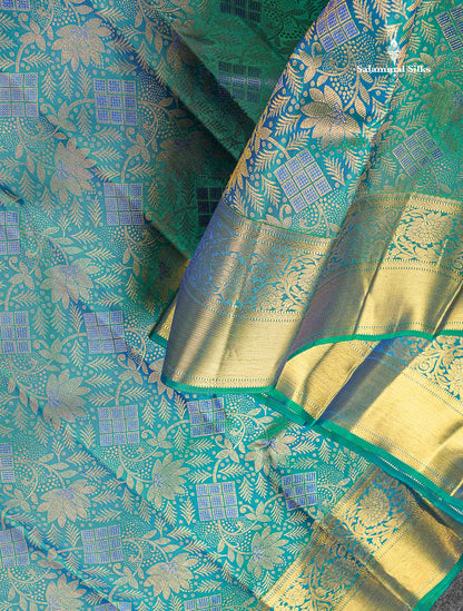 Bridal Pure Kanjivaram Silk Saree - Dual Tone Peacock Blue Colour Body With Traditional Border