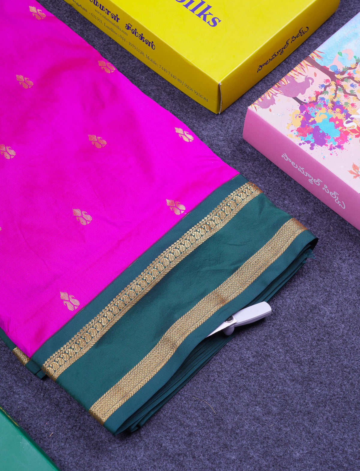 9.5 Yards Semi Silk Saree Magenta with Contrast Bottle Green Traditional Rettapet Border