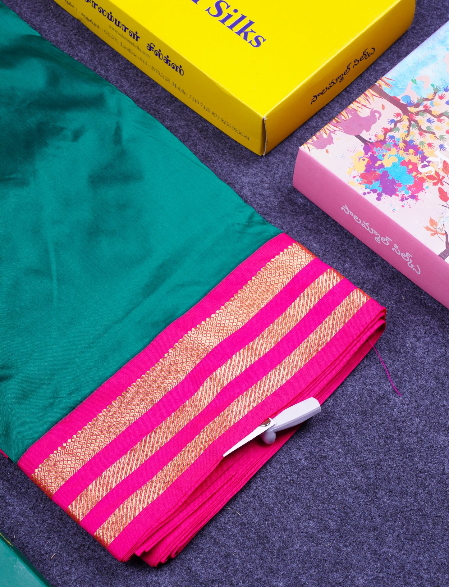 9.5 Yards Semi Silk Saree Peacock Blue with Contrast Pink Traditional Border