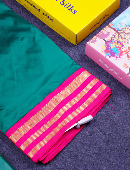 9.5 Yards Semi Silk Saree Peacock Blue with Contrast Pink Traditional Border