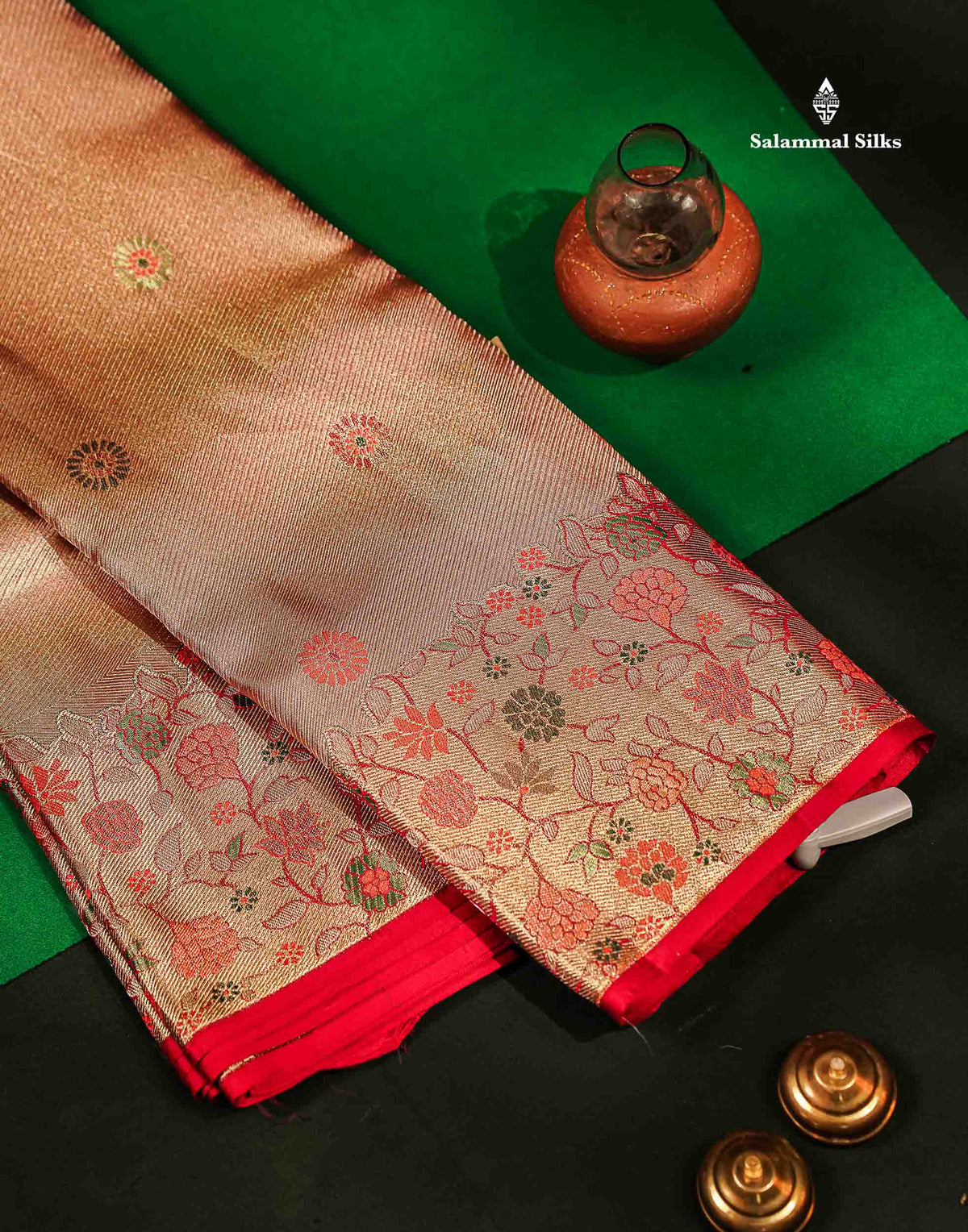 Beautiful Peach Menakari Work Tissue Bridal Pure Kanjivaram Silk Saree With Fancy Border