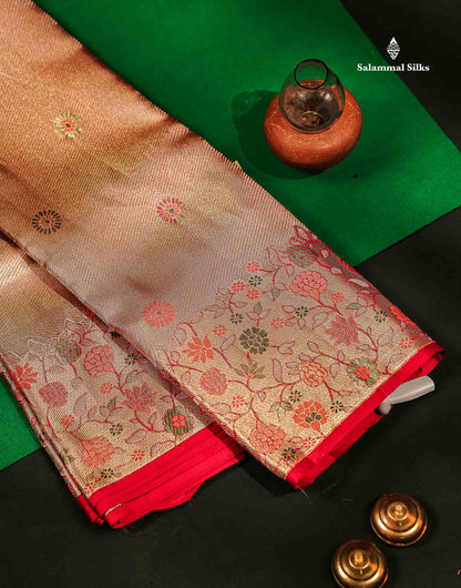 Beautiful Peach Menakari Work Tissue Bridal Pure Kanjivaram Silk Saree With Fancy Border