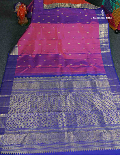 Pure Kanjivaram Silk Saree - Dual Tone Purple Colour Body Zari Butta & Contrast Violet Traditional Border