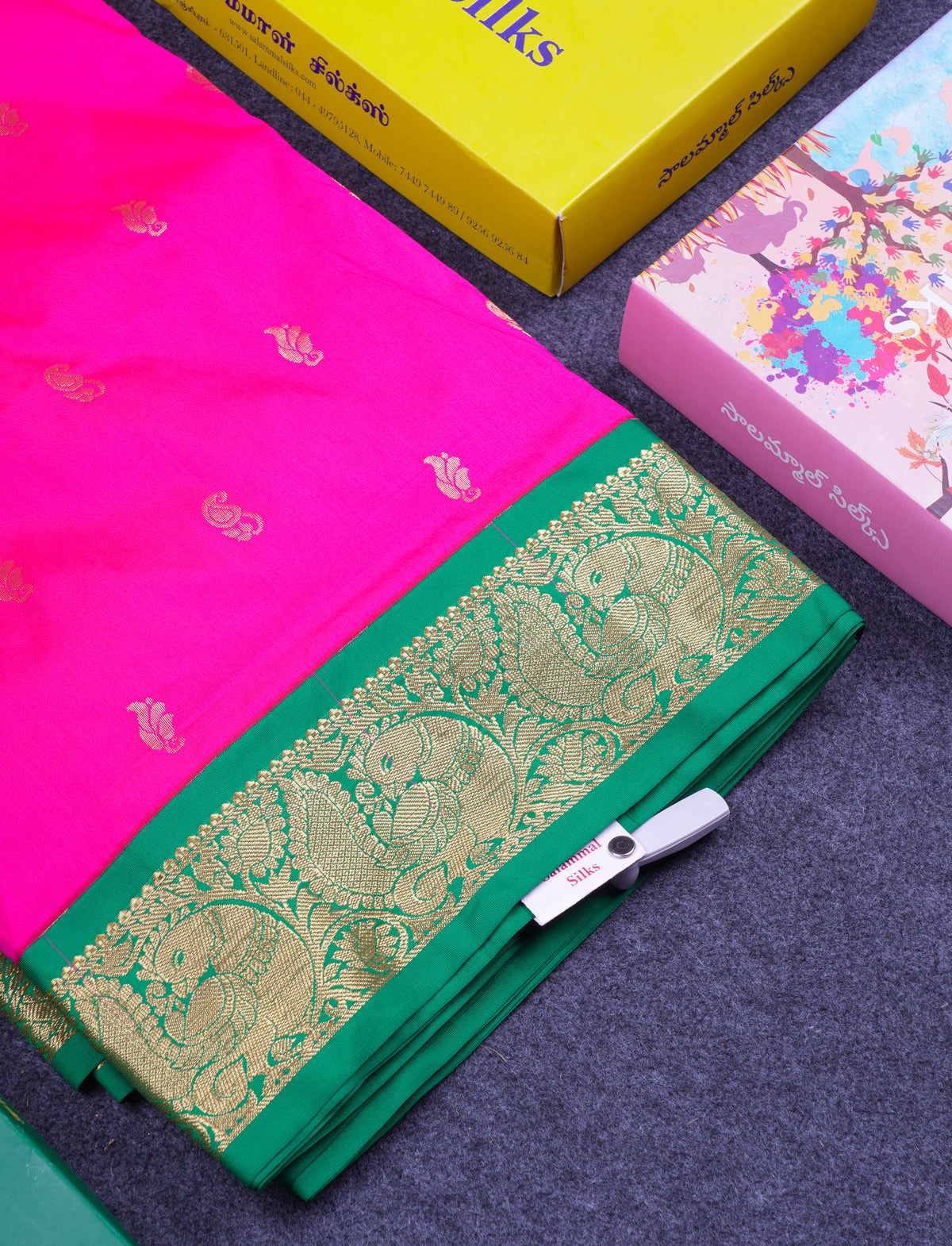 11 Yards Semi Silk Saree Dual Tone Pink with Contrast Green Traditional Border