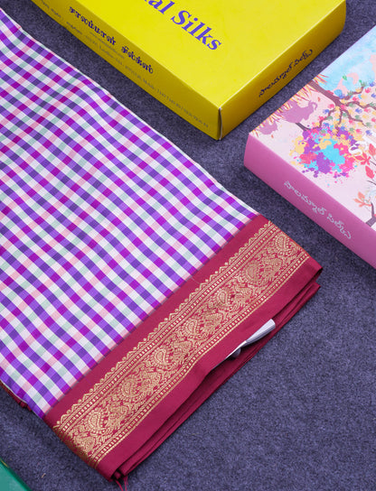 9.5 Yards Semi Silk Saree Violet & White Checks With Contrast Maroon Traditional Border