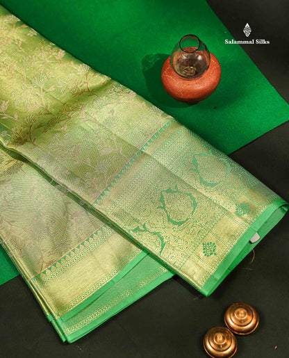 Beautiful Light Green Tissue Bridal Pure Kanjivaram Silk Saree With Contrast Rexona Green Traditional Evening Morning Border