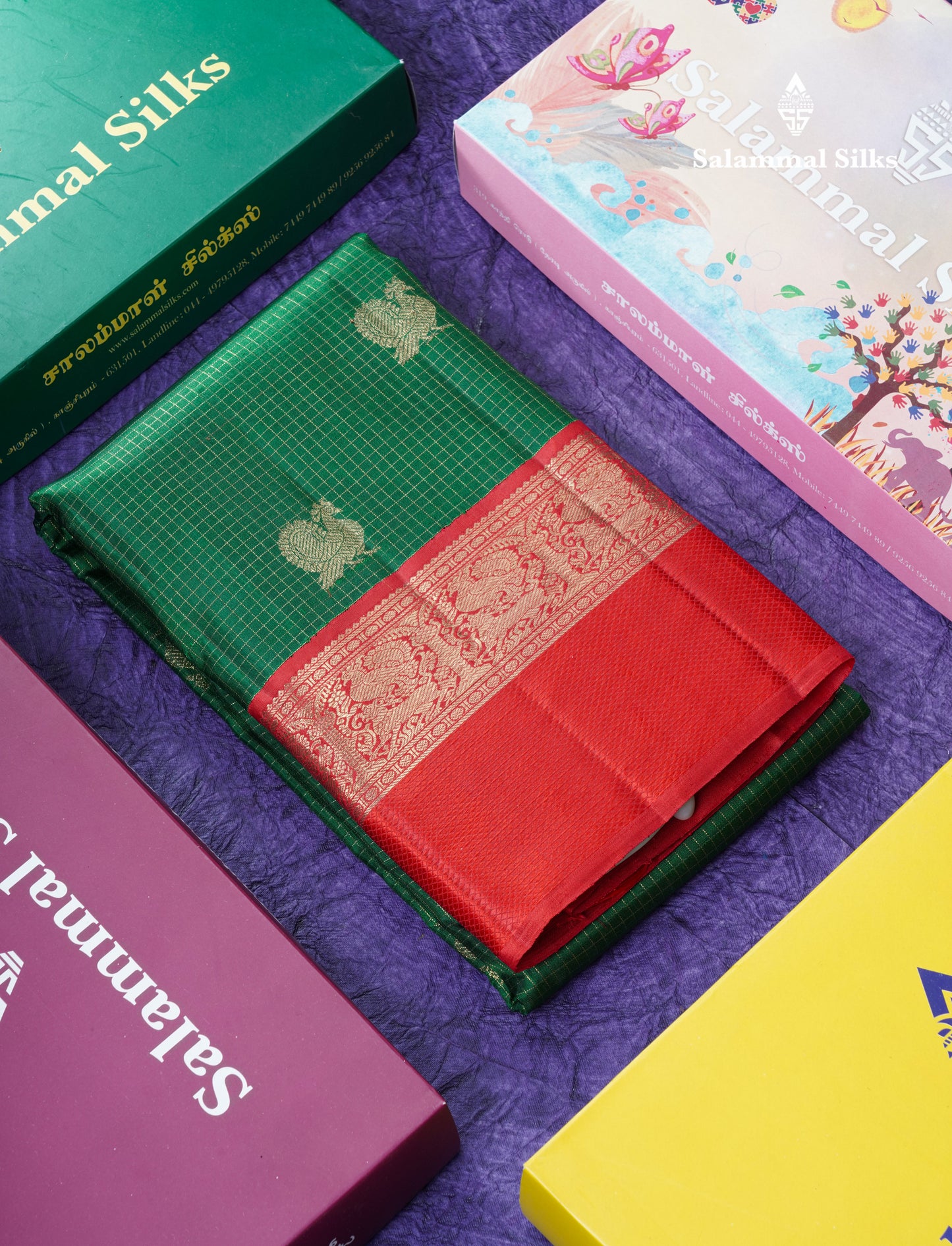 Bottle Green Beautiful Checks And Buttas Pure Kanjivaram Silk Saree Pure Zari with Traditional Red Korvai Border