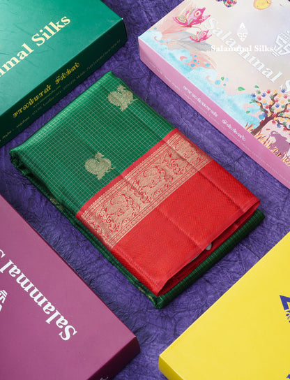 Bottle Green Beautiful Checks And Buttas Pure Kanjivaram Silk Saree Pure Zari with Traditional Red Korvai Border