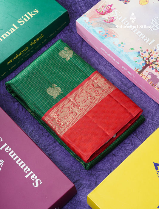 Bottle Green Beautiful Checks And Buttas Pure Kanjivaram Silk Saree Pure Zari with Traditional Red Korvai Border
