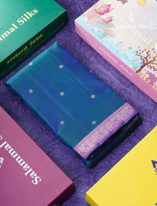 Peacock Blue Beautiful Small Buttas Pure Kanjivaram Silk Saree Pure Zari with Violet Small Border
