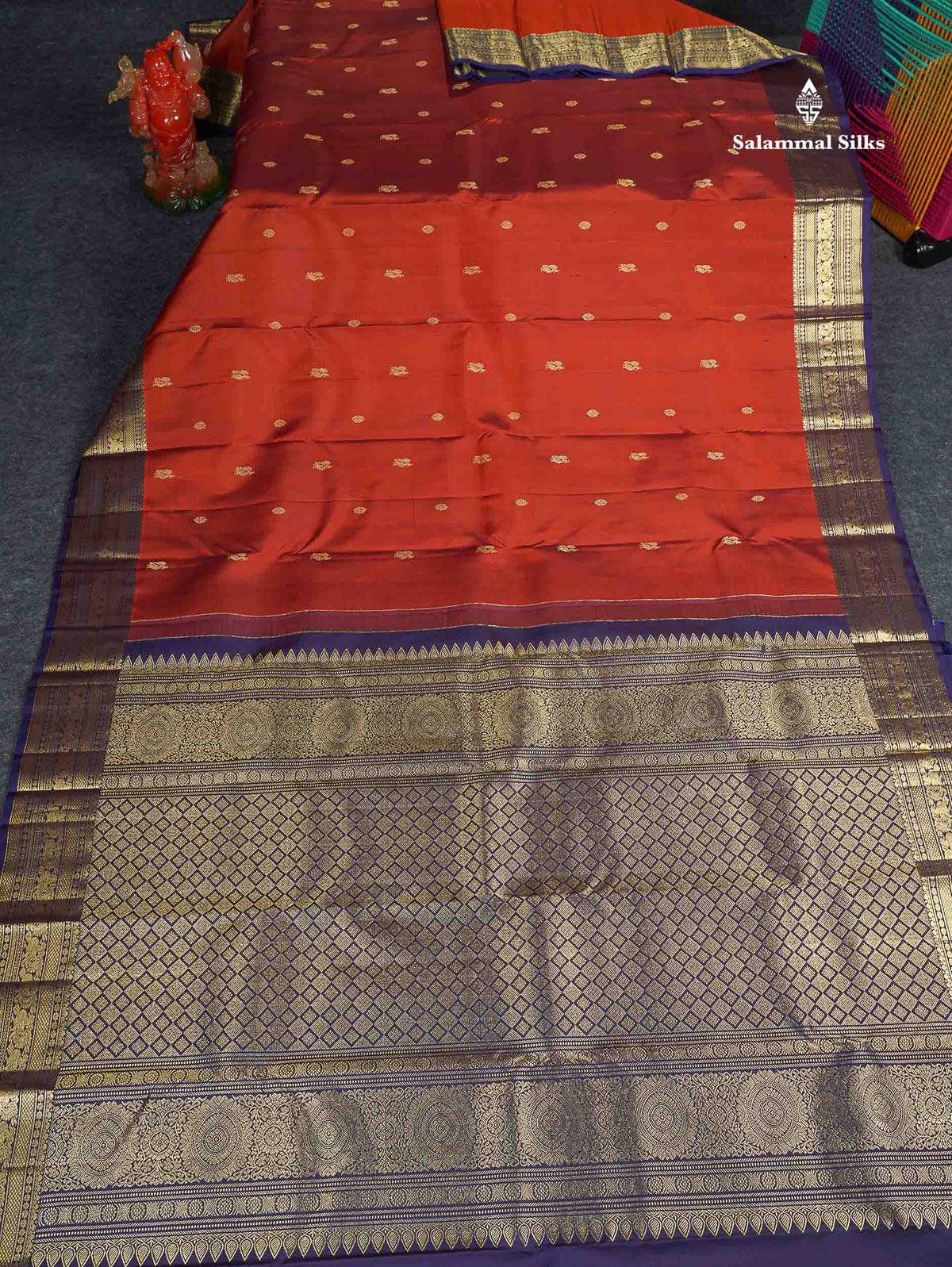 Pure Kanjivaram Silk Saree - Rust Orange Colour Body Zari Butta & Contrast Dual Tone Navy Blue Traditional Border