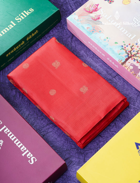 Red Traditional Buttas Pure Kanjivaram Silk Saree 2G Zari with Zari Lines Border