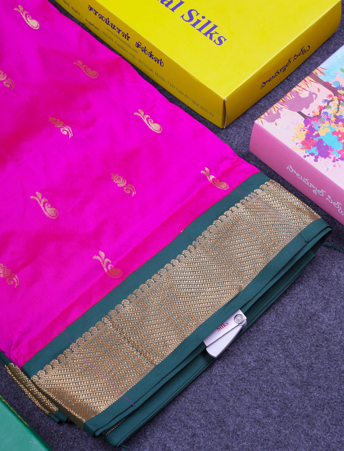 11 Yards Semi Silk Saree Magenta with Contrast Bottle Green Traditional Border