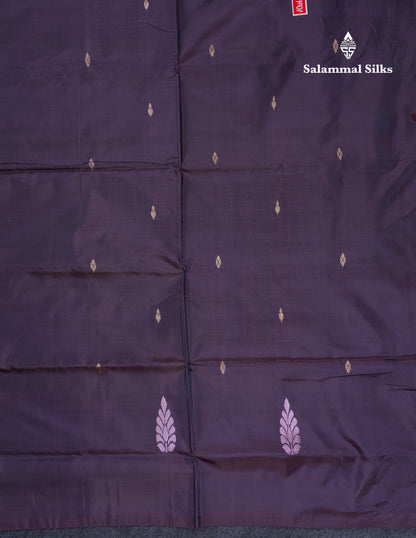 Light Parrot Green Thread work Buttas Banana Pinth Saree (Vaazhainaar Pattu) With Contrast Dark Violet Blouse