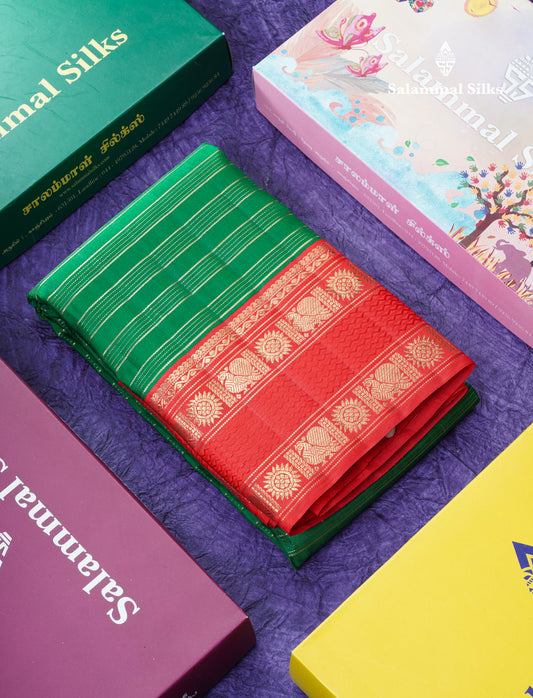 Green Pure Kanjivaram Silk Saree Pure Silver Zari with Contrast Tomato Red Traditional Gap Border