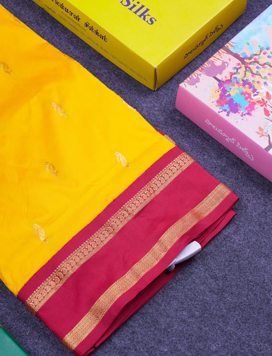 9.5 Yards Semi Silk Saree Yellow with Contrast Maroon Traditional Rettapet Border