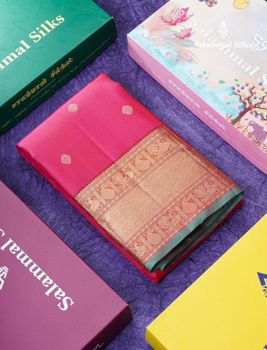 Beautiful Reddish Pink Pure Kanjivaram Silk Saree Pure Zari with Traditional Evening Morning Border