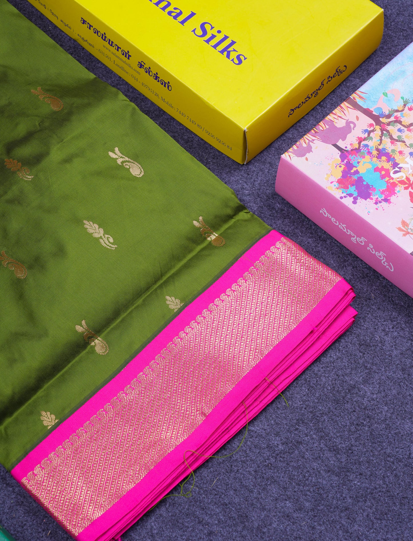 11 Yards Semi Silk Saree Army Green with Contrast Pink Traditional Border