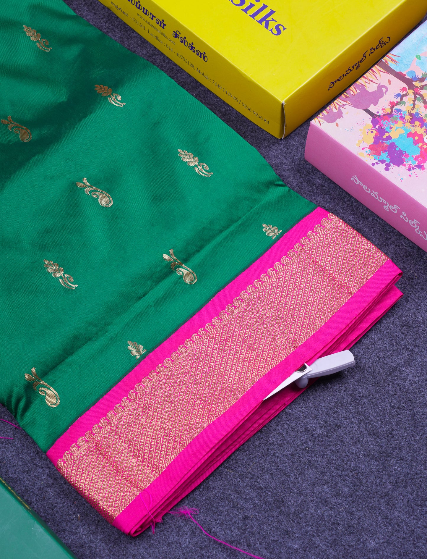 11 Yards Semi Silk Saree Bottle Green with Contrast Pink Traditional Border