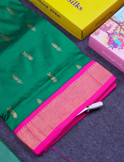 11 Yards Semi Silk Saree Bottle Green with Contrast Pink Traditional Border