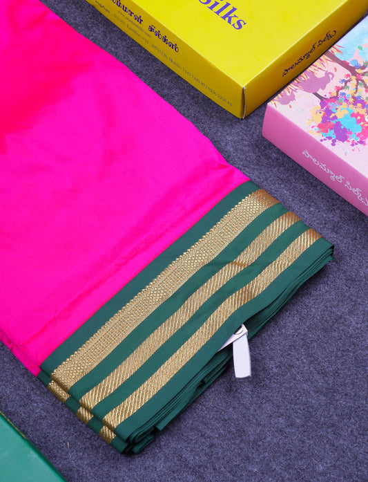 9.5 Yards Semi Silk Saree Pink with Contrast Bottle Green Traditional Border