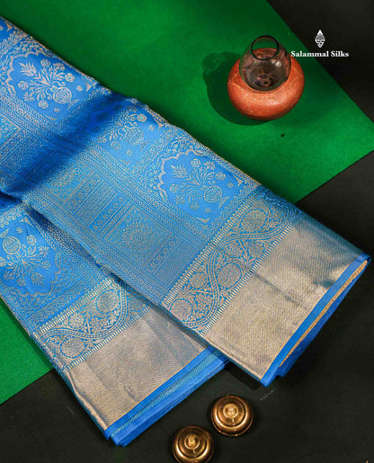 Beautiful Blue Bridal Pure Kanjivaram Silk Saree With Traditional Border