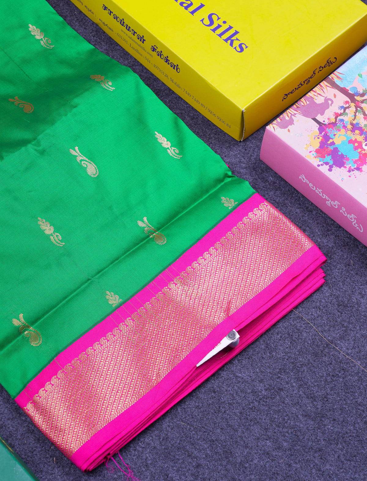 11 Yards Semi Silk Saree Green with Contrast Pink Traditional Border