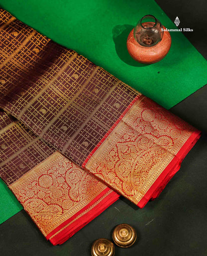 Beautiful Dark Brown Briddal Pure Kanjivaram Silk Saree With Contrast Reddish Maroon Traditional Border