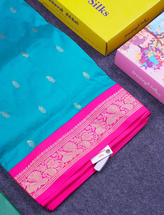 11 Yards Semi Silk Saree Dual Tone Peacock Blue with Contrast Pink Traditional Border